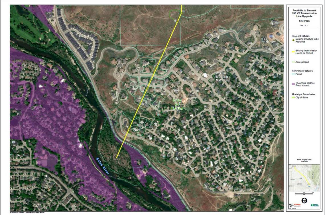 A segment of 35-mile-long transmission line that Idaho Power plans to rebuild. The line, which carries electricity, stretches north from the Boise River in Southeast Boise and west into Gem County. 