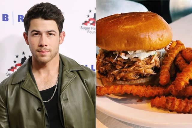 <p>Amy Sussman/WireImage, Nellie's Southern Kitchen</p> Nick Jonas (left) and the Hawg Hill Sandwich at Nellie's Southern Kitchen (right)