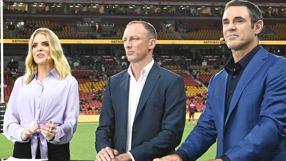 Erin Molan, Darren Lockyer and Brad Fittler, pictured here presenting for Channel Nine at an NRL game.