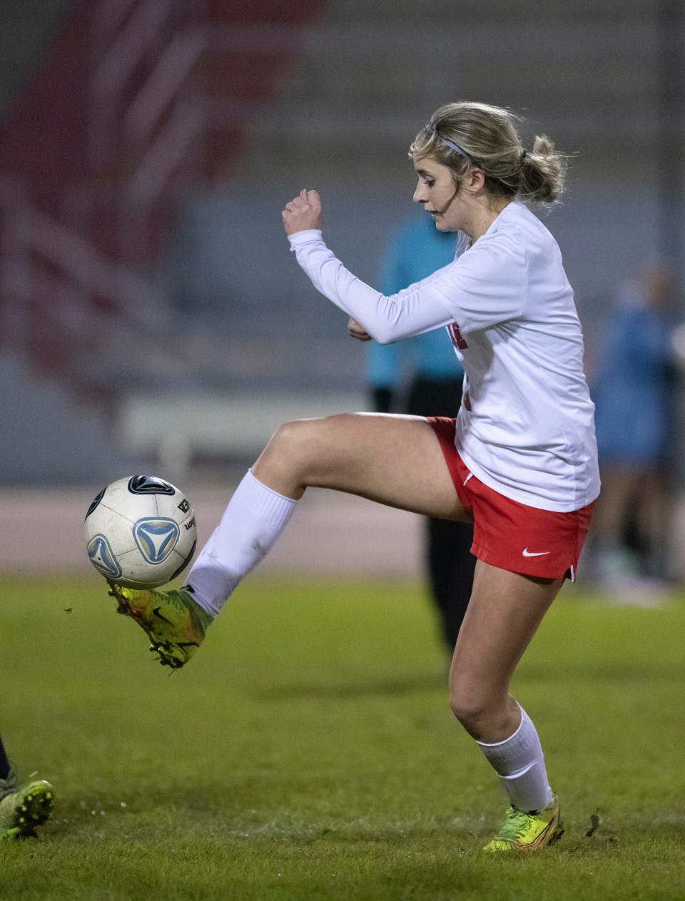 Berkleigh Jernigan (9) takes control of the ball during the Pace vs Navarre girls soccer game at Navarre High School on Tuesday, Jan. 11, 2022.