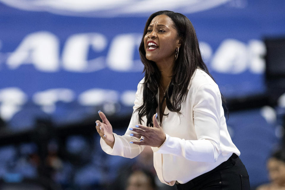 FILE - Notre Dame head coach Niele Ivey directs her team in the second half of a quarterfinal NCAA college basketball game against North Carolina State in the Atlantic Coast Conference women's tournament at Greensboro Coliseum in Greensboro, N.C., Friday, March 3, 2023. (Allison Lee Isley/The Winston-Salem Journal via AP, File)