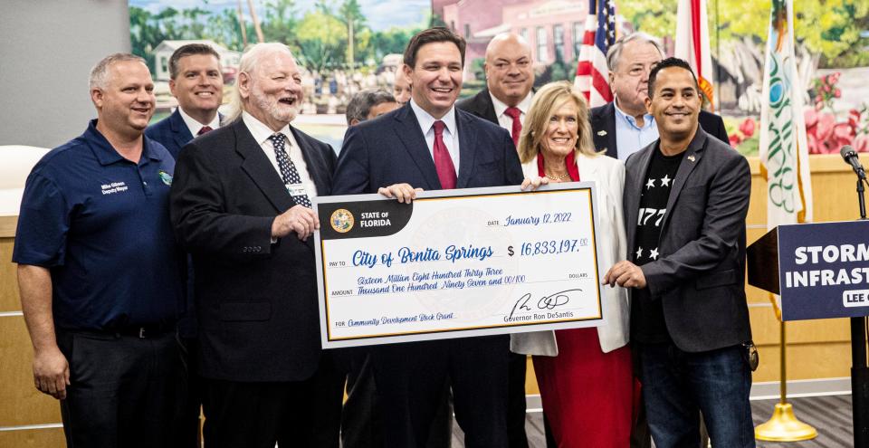 Gov. Ron DeSantis addresses media at press conference in Bonita Springs on Wednesday, Jan 12, 2022. He presented the city with an almost $17 million grant for storm water infrastructure along Terry Street to address issues caused by Hurricane Irma.  