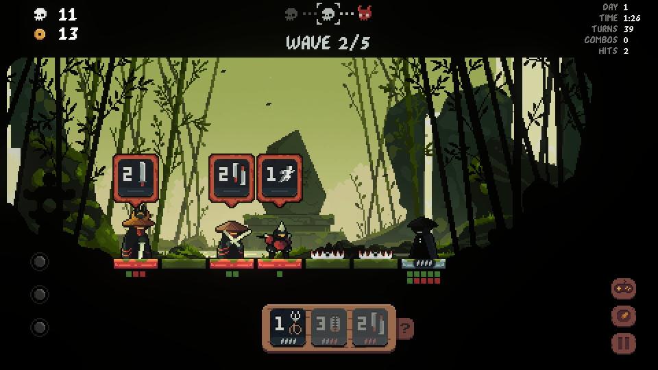A samurai facing three enemies with two bear traps laid out in front of them in Shogun Showdown.