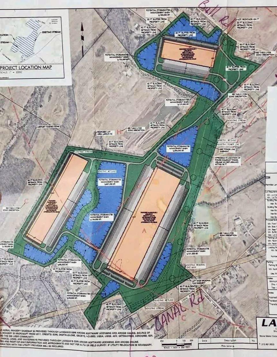 A diagram of the proposed warehouses that extend north along Canal Road near the intersection of Cardinal Lane around the area of the current Northern York County Regional Police Department building in Dover Township.