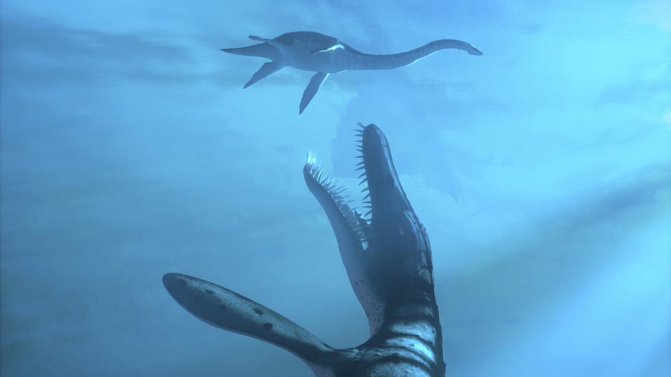 An artist's depiction of a short-necked plesiosaur attacking a juvenile long-necked plesiosaur.