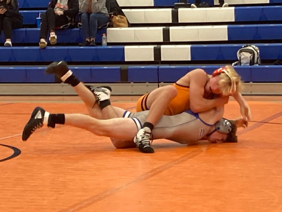 Cathedral Prep freshman Cyrus Hurd controls Reynolds' Chase Bell during their 120-pounds match of Tuesday's dual between the Ramblers and Raiders at Joann Mullen Gymnasium. Hurd won 4-0 and accounted for Prep's first three team points in its 39-33 non-region victory.