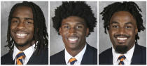 This combo of undated image provided by University of Virginia Athletics shows NCAA college football players, from left, Devin Chandler, Lavel Davis Jr. and D'Sean Perry. The three Virginia football players were killed in a shooting, Sunday, Nov. 13, 2022, in Charlottesville, Va., while returning from a class trip to see a play. (University of Virginia Athletics via AP)