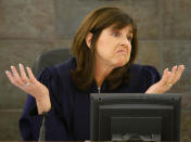 <p>Clark County District Court Judge Jackie Glass gestures during O.J. Simpson’s bail revocation hearing in Las Vegas, Nev., on Jan. 16, 2008. On Friday Dec. 5, 2008, Glass will sentence Simpson and co-defendant Clarence “C.J.” Stewart on 12 criminal charges that arose from a hotel-room confrontation with two sports-memorabilia dealers who were peddling items from Simpson’s glory days. (Photo: Rick Wilking, Pool/AP) </p>