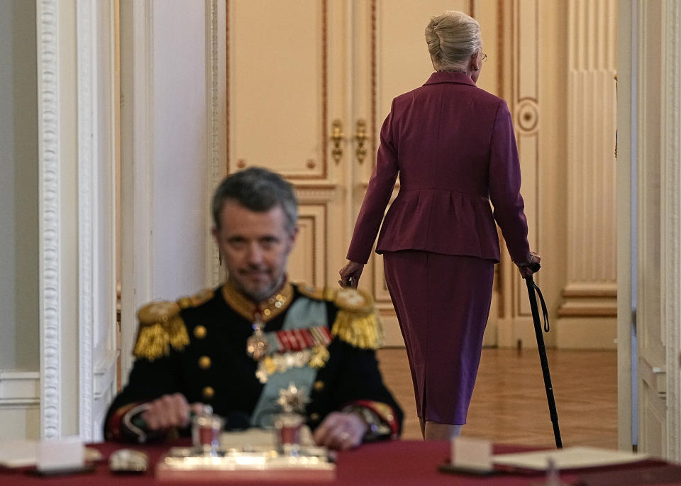 Queen Margrethe leaves the meeting of the Council of State after signing the declaration of abdication, in Copenhagen, Sunday, Jan. 14, 2024. Queen Margrethe II has signed her historic abdication, a step that paves the way for her son Frederik X to immediately become king. (Mads Claus Rasmussen/Ritzau Scanpix via AP)