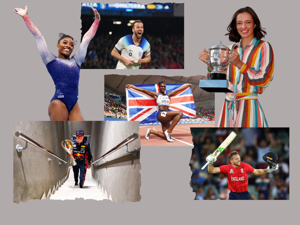 A big year ahead for (clockwise from top left) Simone Biles, Harry Kane, Dina Asher-Smith,  Iga Swiatek, Jos Buttler and Max Verstappen  (Getty)