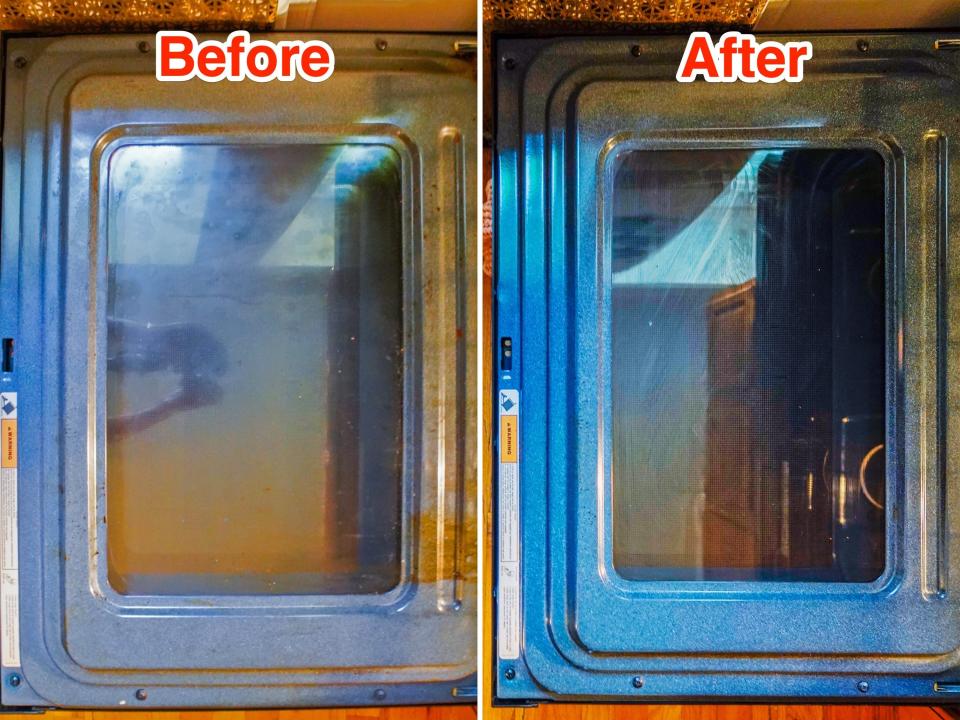 Before and after photos show the oven door dirty and clean
