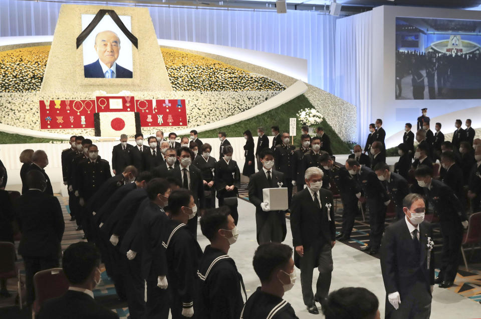 The funeral for Japan's former Prime Minister Yasuhiro Nakasone is held by the cabinet and ruling Liberal Democratic Party, at a hotel in Tokyo in October, 2020. A rare state funeral Tuesday, Sept. 27, 2022 for Shinzo Abe, the former prime minister who was assassinated in July, has split Japan. (Kyodo News via AP)