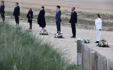 R-L - US House Speaker Nancy Pelosi, French Prime Minister Edouard Philippe, Canadian Prime Minister Justin Trudeau, Britain's Defence Secretary Penny Mordaunt and Dutch Defence Minister Ank Bijleveld attend an international ceremony on Juno Beach - Credit: FRED TANNEAU/POOL/EPA-EFE/REX