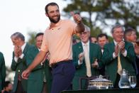 Scottie Scheffler arrives for the green jacket ceremony after winning the Masters golf tournament at Augusta National Golf Club Sunday, April 14, 2024, in Augusta, Ga. (AP Photo/Matt Slocum)