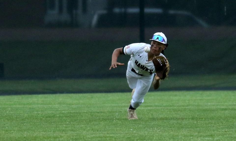 Corning center fielder Will Kibler makes a diving catch in a 5-4 loss to Elmira in a Section 4 Class AA baseball semifinal May 20, 2022 at Corning-Painted Post High School.