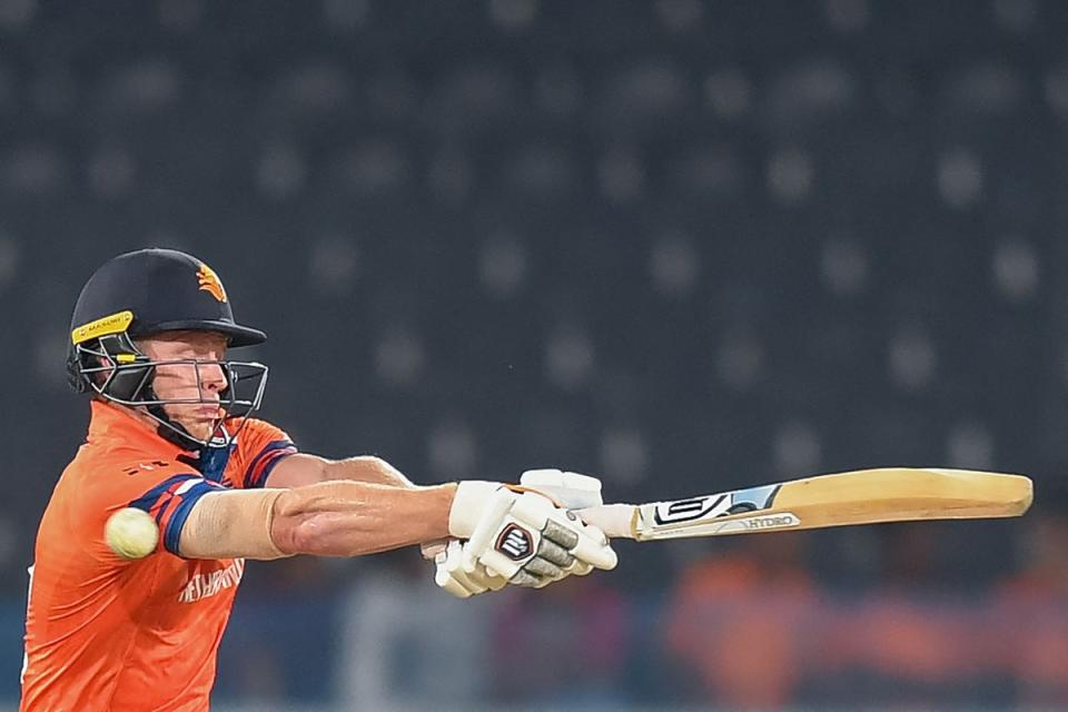 Netherlands’ Sybrand Engelbrecht plays a shot during the 2023 ICC Men’s Cricket World Cup one-day international match between New Zealand and Netherlands (AFP via Getty Images)