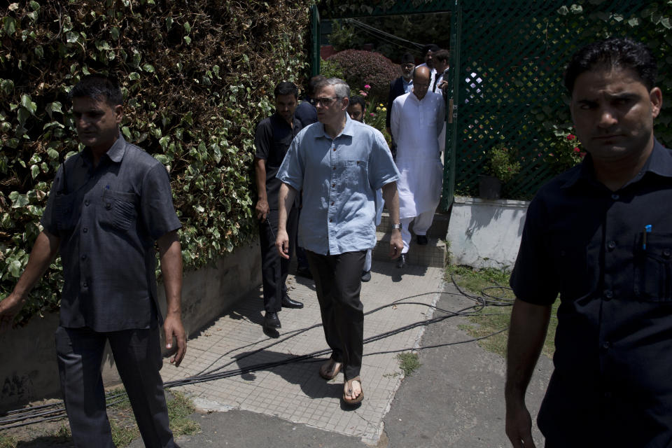 Former Chief Minister of Jammu and Kashmir Omar Abdullah arrives for a press conference in Srinagar, Indian controlled Kashmir, Saturday, Aug. 3, 2019. Abdullah said that the Indian government should give a statement Monday in parliament on the need to end Amarnath Yatra and evacuate tourists in the region. (AP Photo/ Dar Yasin)