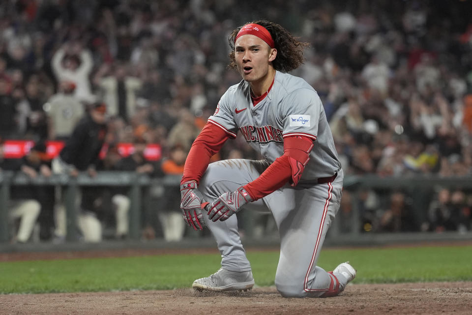 Cincinnati Reds' Stuart Fairchild celebrates after hitting an inside-the-park home run against the San Francisco Giants during the eighth inning of a baseball game in San Francisco, Friday, May 10, 2024. (AP Photo/Jeff Chiu)