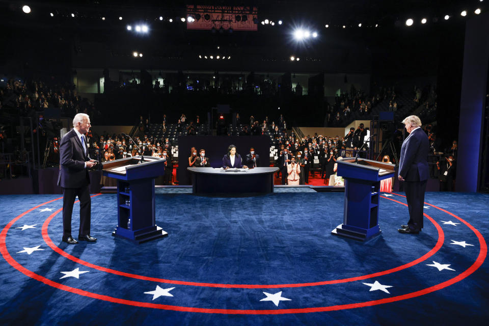 President Donald Trump and Democratic presidential candidate former Vice President Joe Biden participate in the final presidential debate at Belmont University, Thursday, Oct. 22, 2020, in Nashville, Tenn. (Jim Bourg/Pool via AP)