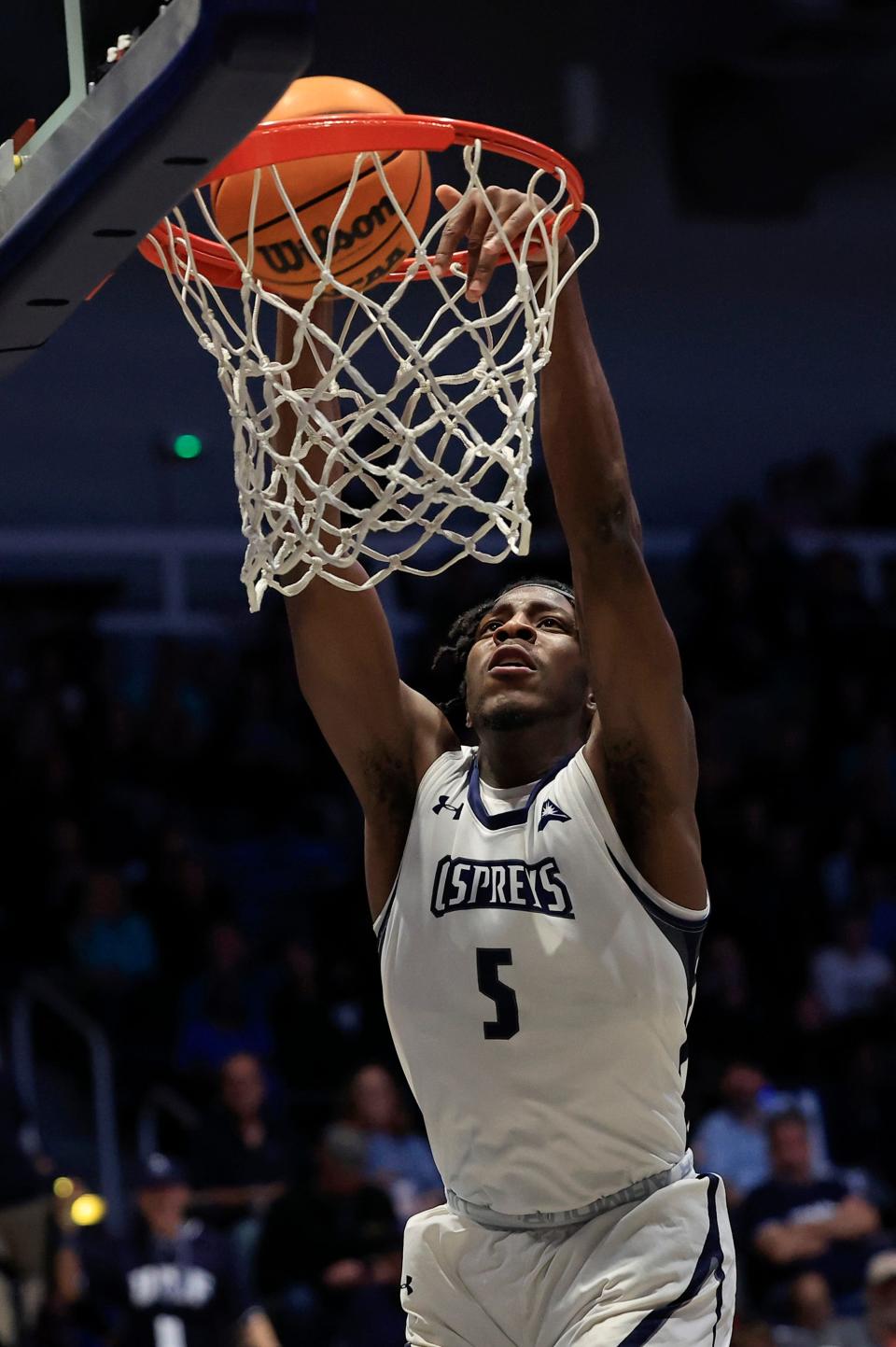 Dorian James of the University of North Florida dunks the ball for two of his career-high 25 points in the Ospreys' 82-74 victory over Jacksonville University on Jan. 12.