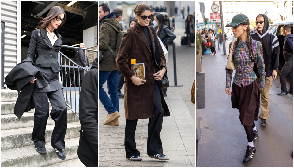 Bella Hadid et Kaia Gerber ne lâchent plus leur paire d'adidas Samba avec lesquelles elles ont foulé la Fashion Week Automne-Hiver 22/23 (Photos : Jacopo Raule/ Arnold Jerocki/Arnold Jerocki pour Getty Images)