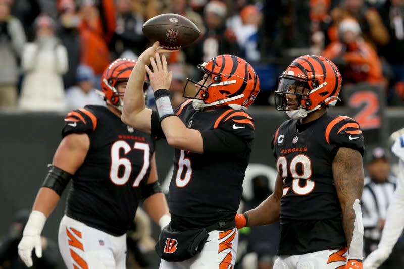 Cincinnati Bengals quarterback Jake Browning (C) celebrates a touchdown against the Indianapolis Colts on Sunday at Paycor Stadium in Cincinnati. Photo by John Sommers II/UPI