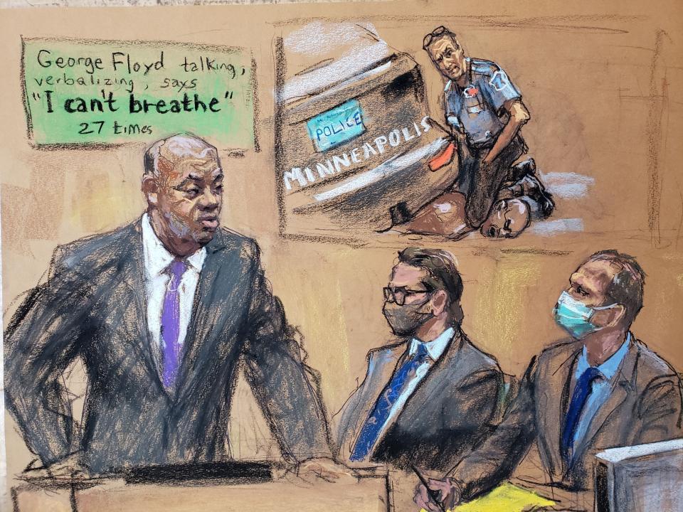 Lawyer Jerry W. Blackwell makes opening statements as defense attorney Eric Nelson sits beside former Minneapolis police officer Derek Chauvin during his trial for second-degree murder, third-degree murder and second-degree manslaughter in the death of George Floyd in Minneapolis, Minnesota, U.S., March 29, 2021 in this courtroom sketch from a video feed of the proceedings. REUTERS/Jane Rosenberg