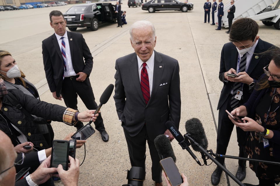 President Joe Biden speaks to the media before boarding Air Force One for a trip to Alabama to visit a Lockheed Martin plant, Tuesday, May 3, 2022, in Andrews Air Force Base, Md. (AP Photo/Evan Vucci)