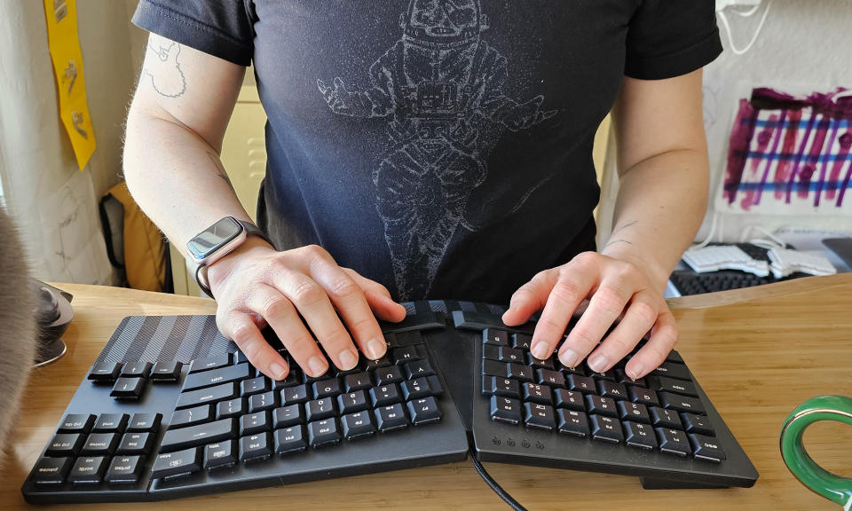 <p>An Alice keyboard rotates the keys outward so you can move your elbows out and keep a straight line from your forearm to middle knuckle.</p>
