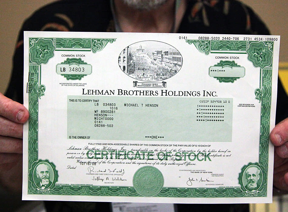 A stock certificate for one share of Lehman Brothers Holding Inc., issued in 2008.