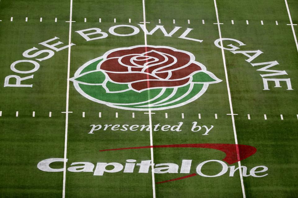 The Rose Bowl Game logo is shown on the field at AT&T Stadium before the Rose Bowl NCAA college football game between Notre Dame and Alabama in Arlington, Texas, Friday, Jan. 1, 2021. (AP Photo/Roger Steinman)
