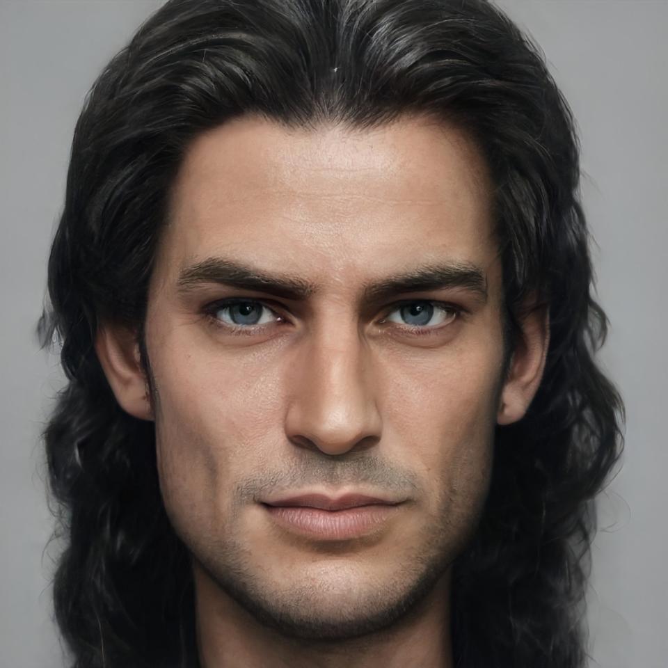 gaston with colored eyes and long dark hair