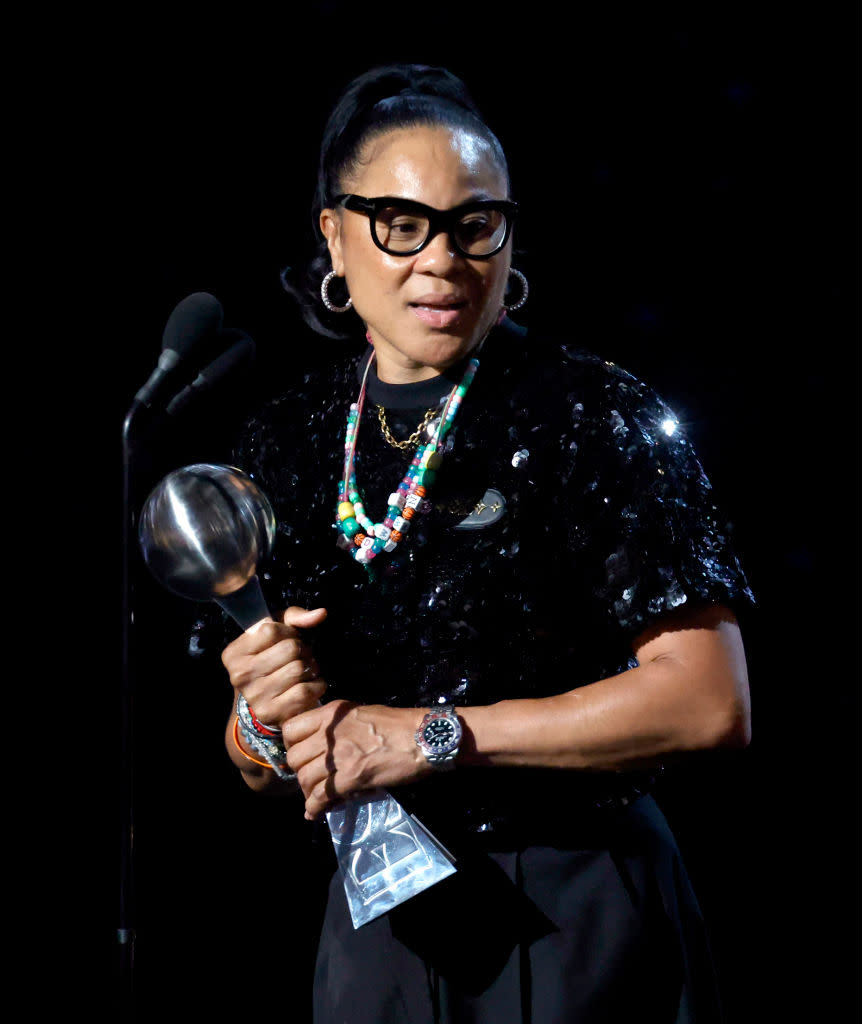 Dawn Staley accepts the Jimmy V Award for Perseverance onstage during the 2024 ESPY Awards.