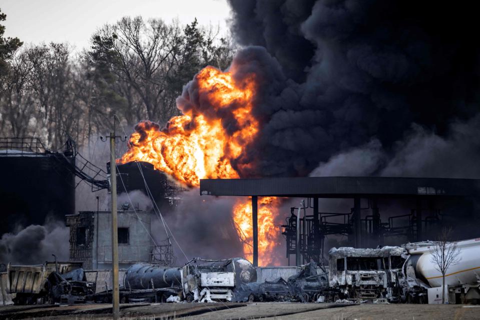 A fuel storage facility burns after Russian attacks Kalynivka on Friday (AFP/Getty)