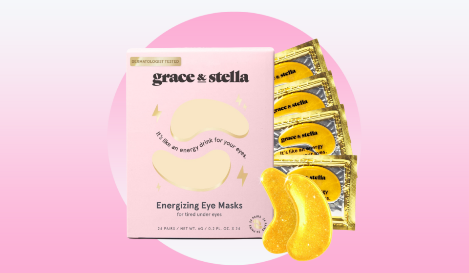 Grace & Stella Energizing Eye Masks packaging with example gold eye masks