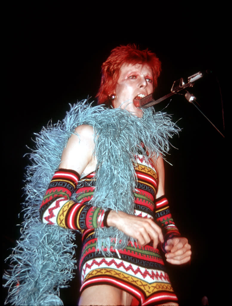 David Bowie performs during his ‘Ziggy Stardust’ era in 1973 in Los Angeles, wearing one of his famous onesies.