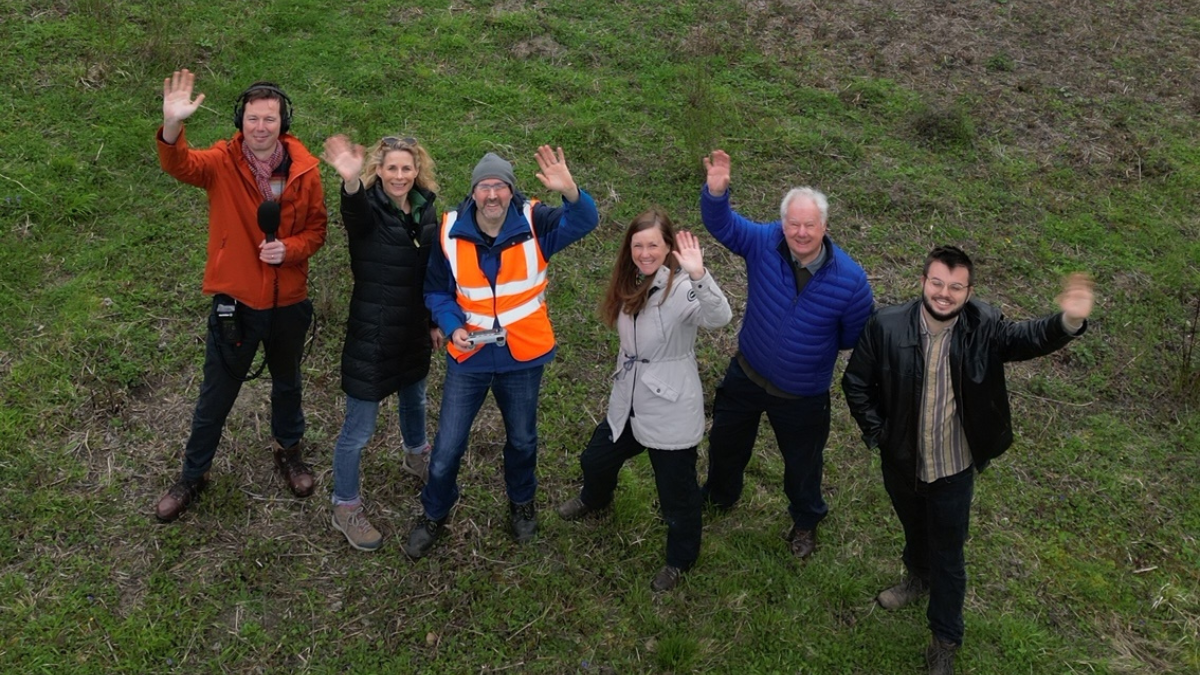 L-R: Simon Furber and Emily Jeffery, from the BBC, with Mr Champion, Christine Howard and Ken Bare from Visit Surrey and conservation officer Louis Harrington from conservation group Buglife