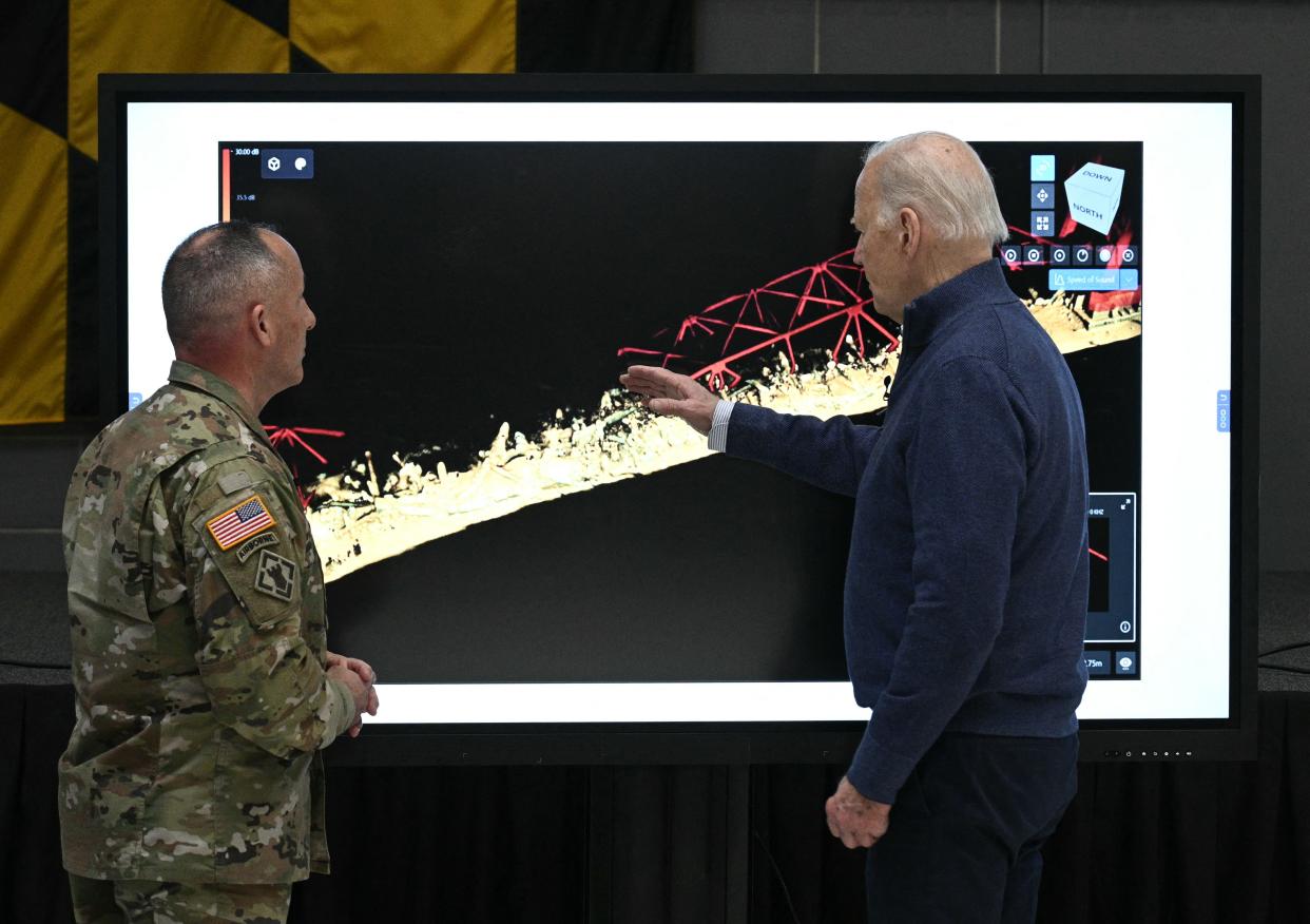 President Joe Biden participates in an operational briefing on the response and recovery efforts for the collapsed Francis Scott Key Bridge and the container ship Dali in Baltimore on April 5, 2024.