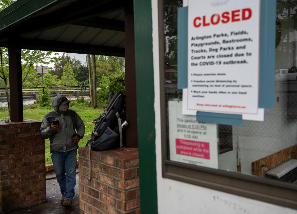 Laborers wait in a parking lot for day jobs, in Arlington, Virginia, on May 6, 2020, during the COVID-19 pandemic. - The April US employment report, due out May 8, is expected to show the jobless rate soaring into double digits, perhaps as high as 20 percent, far surpassing the worst of the global financial crisis and reaching levels not seen since the Great Depression last century. (Photo by ANDREW CABALLERO-REYNOLDS / AFP) (Photo by ANDREW CABALLERO-REYNOLDS/AFP via Getty Images)