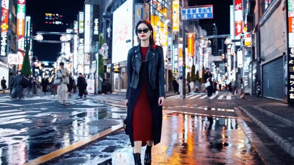 A screenshot from a video of a woman walking in Tokyo rendered by OpenAI's Sora