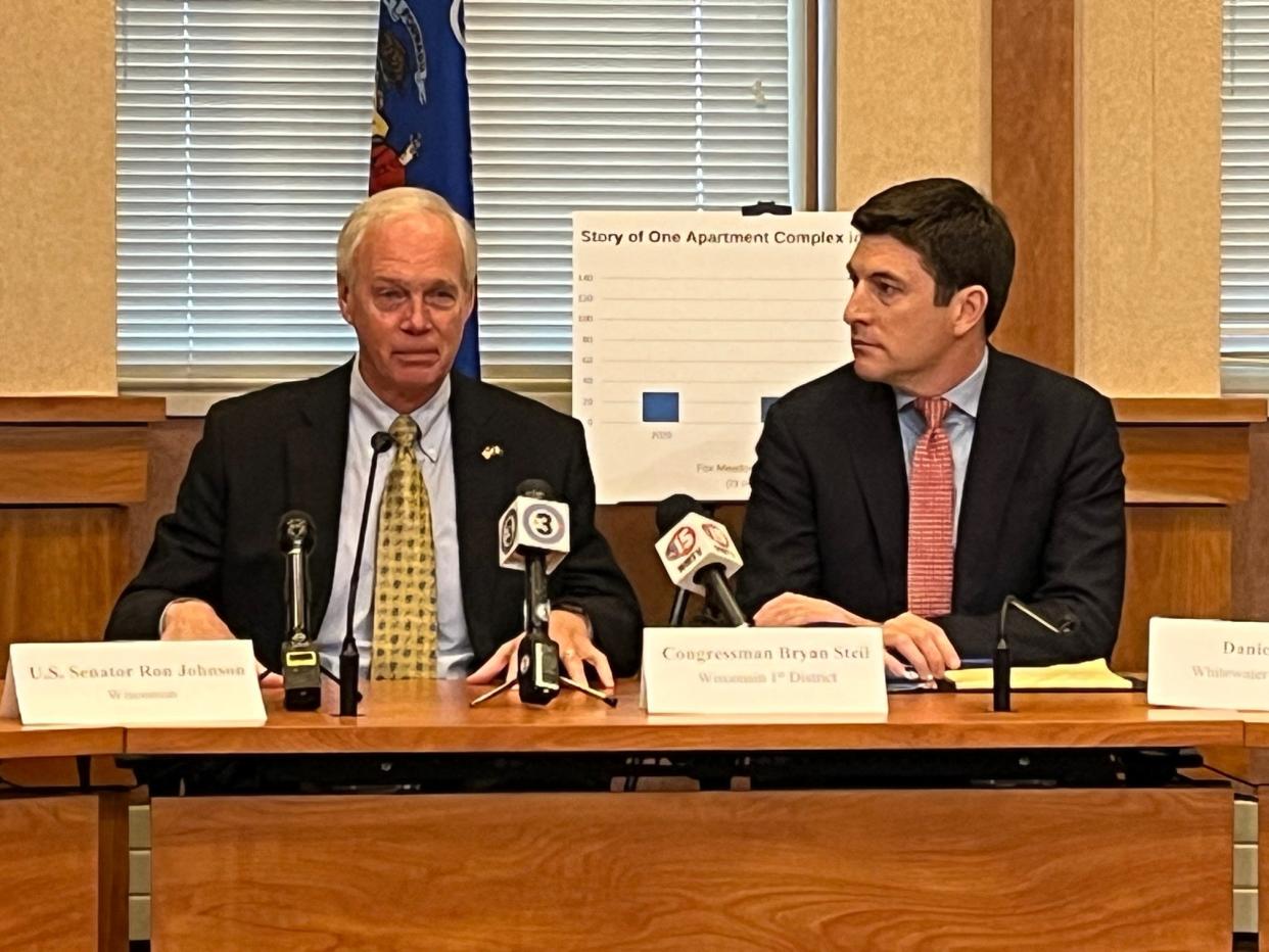 U.S. Sen. Ron Johnson, left, and U.S. Rep. Bryan Steil during a news conference on illegal immigration Nov. 11, 2023 at Whitewater City Hall.