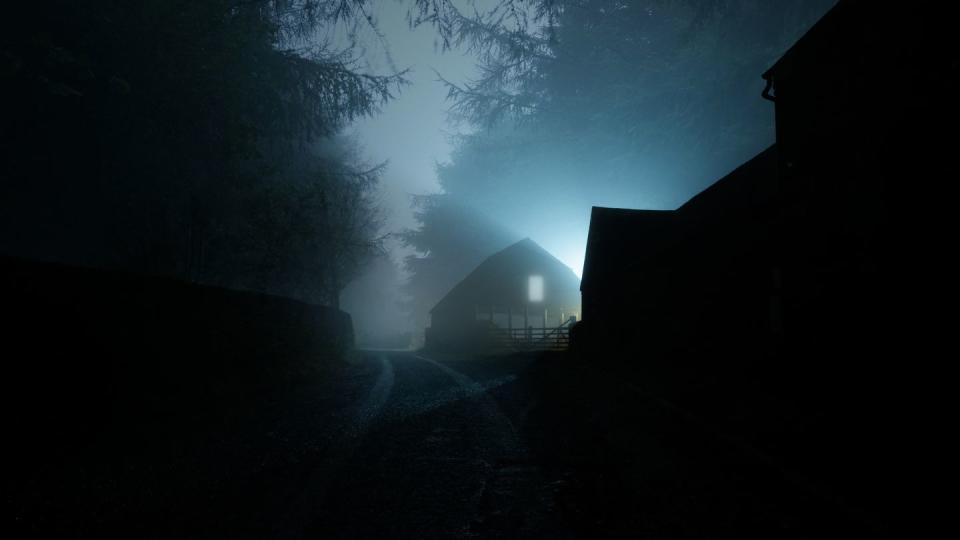 a horror concept of a house with a light in the window in a spooky forest on a dark, scary winters night