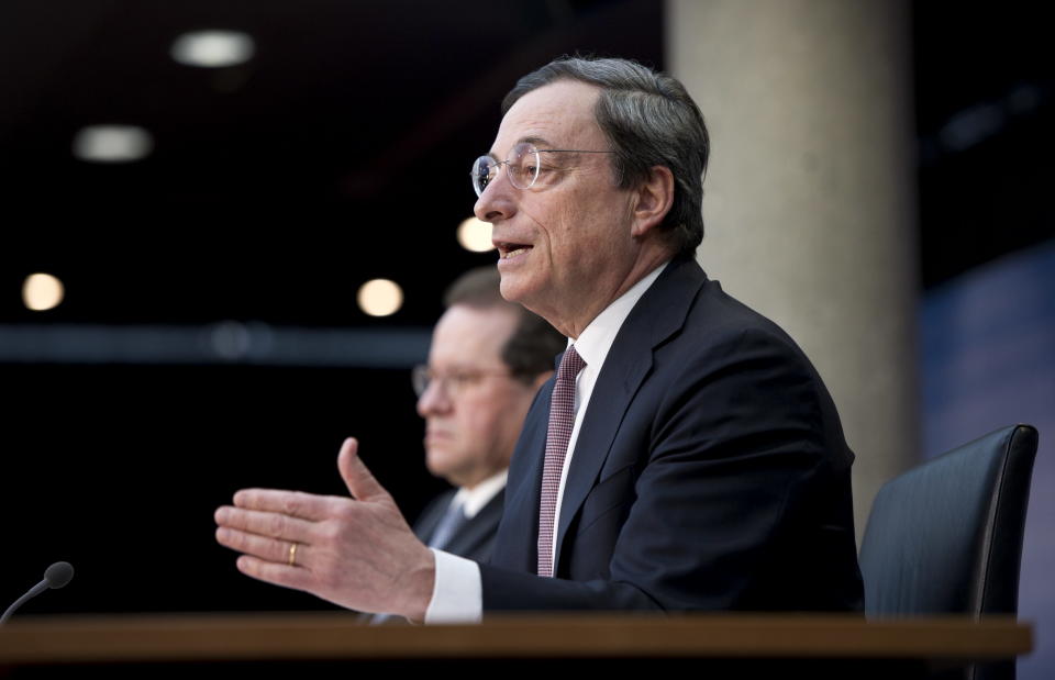 European Central Bank, ECB, chief Mario Draghi, speaks during a press conference at the ECB's headquarters in Frankfurt, central Germany, Wednesday April 4, 2012. Draghi says a weak eurozone economy has held back businesses from applying for loans despite the abundant cash made available by the central bank's massive amounts of cheap credit to lenders. Draghi made his remarks Wednesday after the bank left its key interest rate unchanged at 1 percent - as expected. (AP Photo/dapd/ Thomas Lohnes)