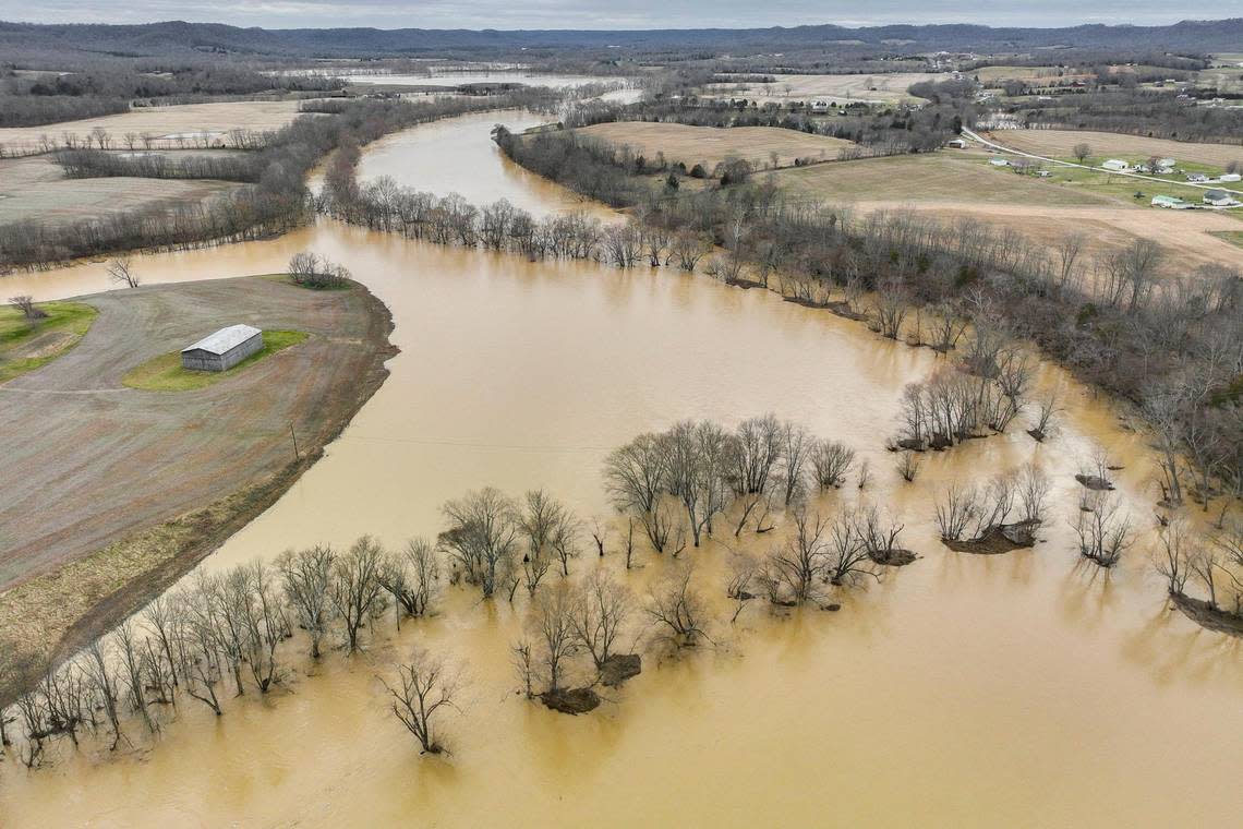 High water flows near the Rolling Fork River in Marion County, Ky., on Friday, Feb. 17, 2023.