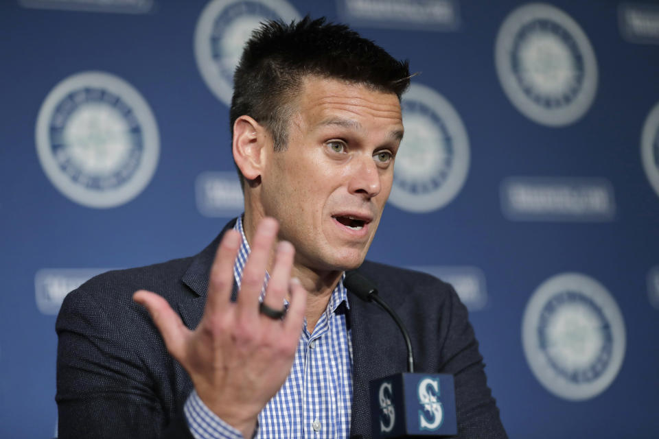 FILE - In this Jan. 23, 2020, file photo, Seattle Mariners general manager Jerry Dipoto speaks in Seattle. For a number of rebuilding teams, the 2020 baseball season was supposed to be another step in the progression of their top prospects eventually reaching the big leagues. By the time June rolled around, Dipoto expected former first-round pick Logan Gilbert to be pitching on the mound at T-Mobile Park. (AP Photo/Ted S. Warren, File)