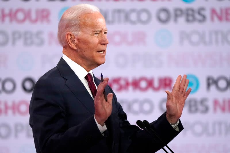 Former Vice President Joe Biden gestures during the sixth Democratic presidential candidates campaign debate at Loyola Marymount University in Los Angeles