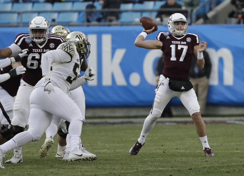Texas A&M’s Nick Starkel (17) threw for 499 yards and four touchdowns in the 2017 Belk Bowl. (AP Photo/Chuck Burton)