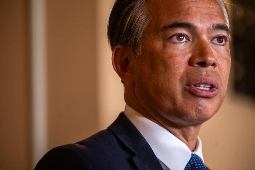 Los Angeles, CA - July 13: California Attorney General Rob Bonta speaks during a news conference in recognition of Military Consumer Month at Patriotic Hall on Thursday, July 13, 2023, in Los Angeles, CA. He is discussing ways to help protect California service members, veterans, and their family members from scams and fraud. (Francine Orr / Los Angeles Times)