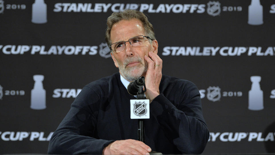 COLUMBUS, OH - APRIL 14:  Head Coach John Tortorella of the Columbus Blue Jackets talks to the media after Game Three of the Eastern Conference First Round during the 2019 NHL Stanley Cup Playoffs on April 14, 2019 at Nationwide Arena in Columbus, Ohio.  (Photo by Jamie Sabau/NHLI via Getty Images)