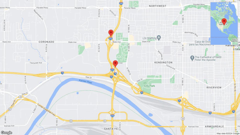 A detailed map that shows the affected road due to 'Warning in Kansas City: Crash reported on northbound I-635' on May 19th at 12:06 a.m.
